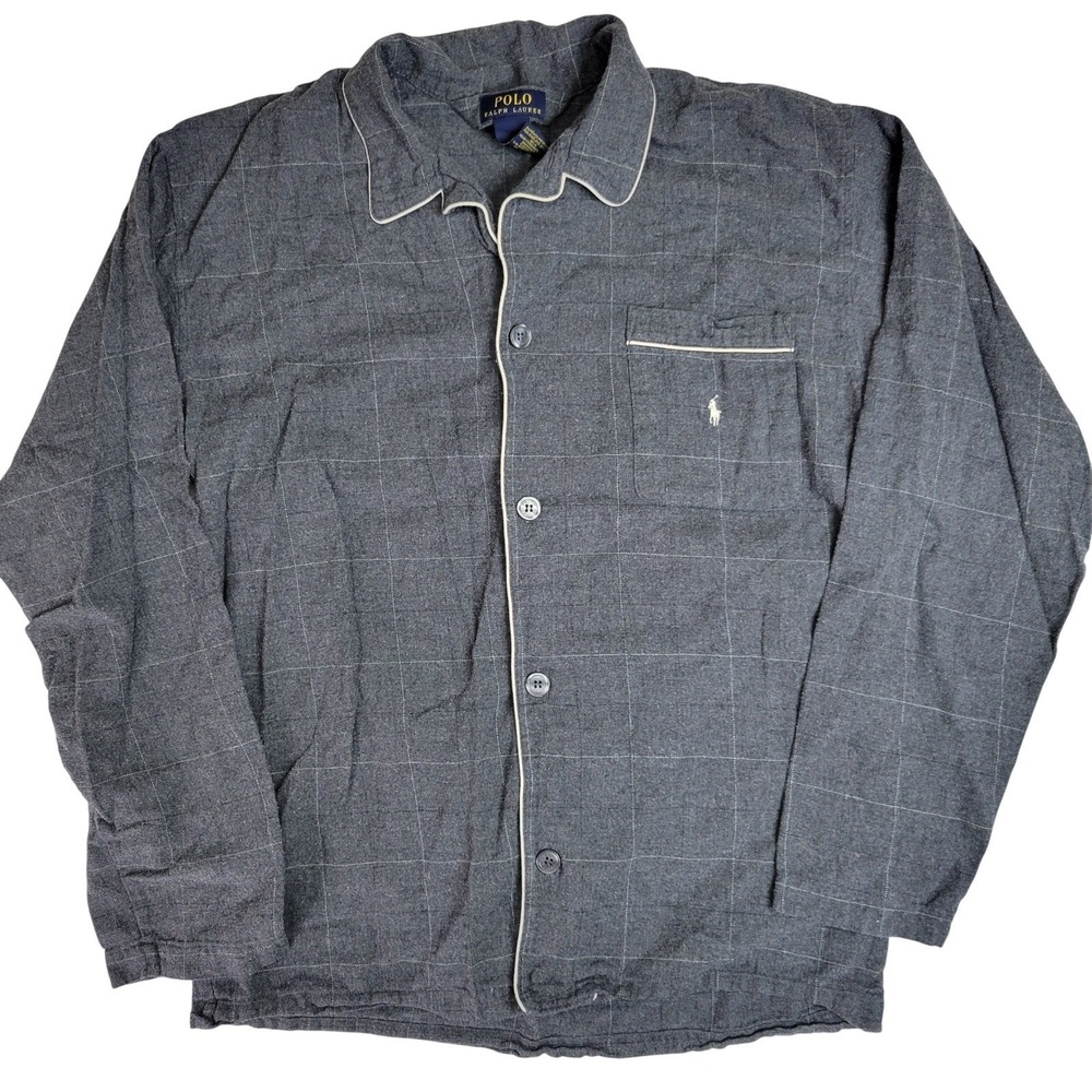 Polo Ralph Lauren Mens Gray Windowpane Plaid Cotton Pajama‎ Top Shirt Medium
